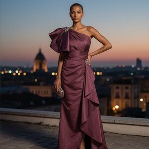 Terani Couture One Shoulder Burgundy Dress